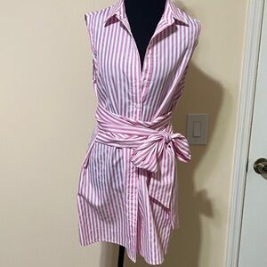 Pink Striped Sleeveless Shirt Dress